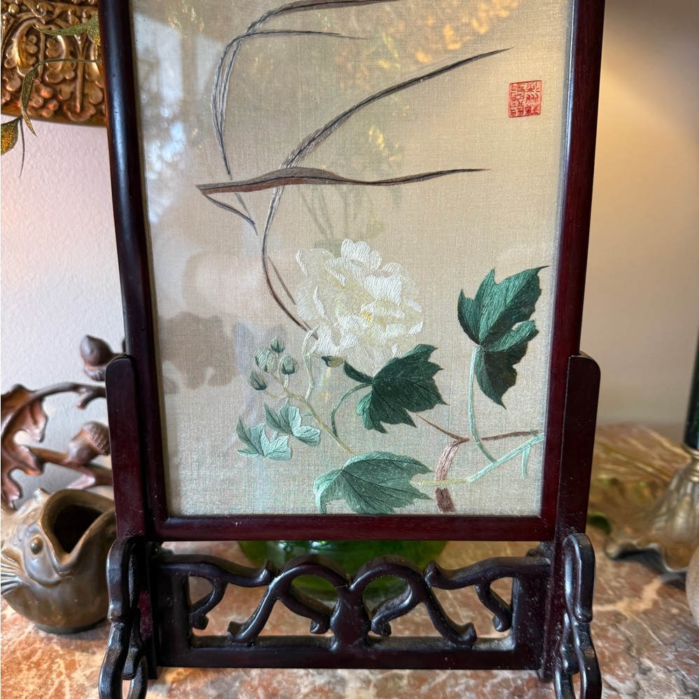 Vintage Chinese Silk Floral Embroidered Double Sided Screen with Wood Frame